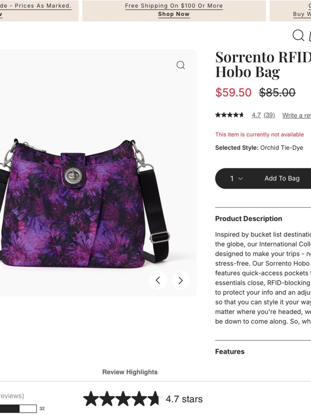 Baggallini Purple Tie-Dye Crossbody Bag with Black Adjustable Strap - Picture 2 of 10
